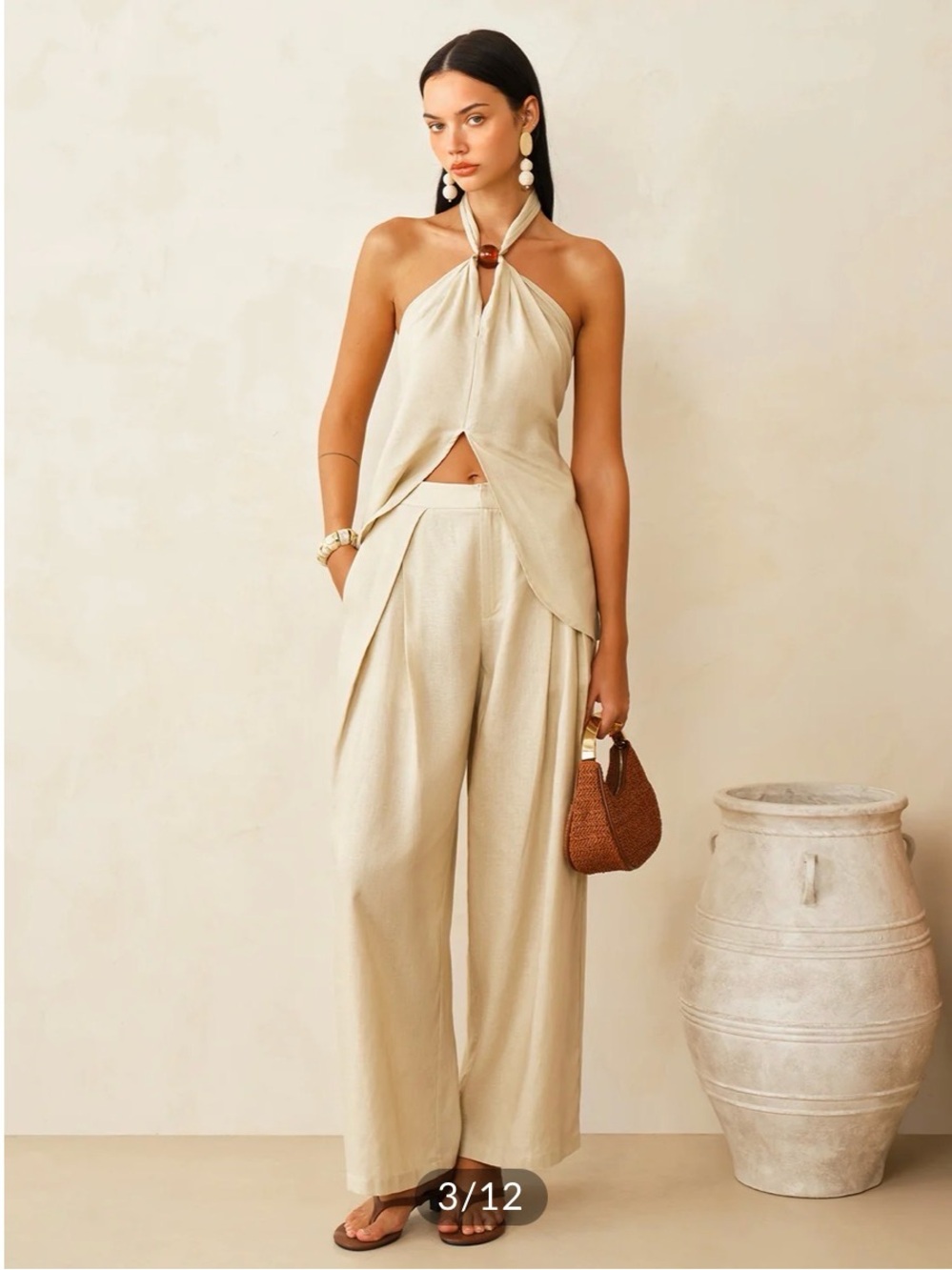 Commense Linen-Blend Halter Top & Pants Set- S